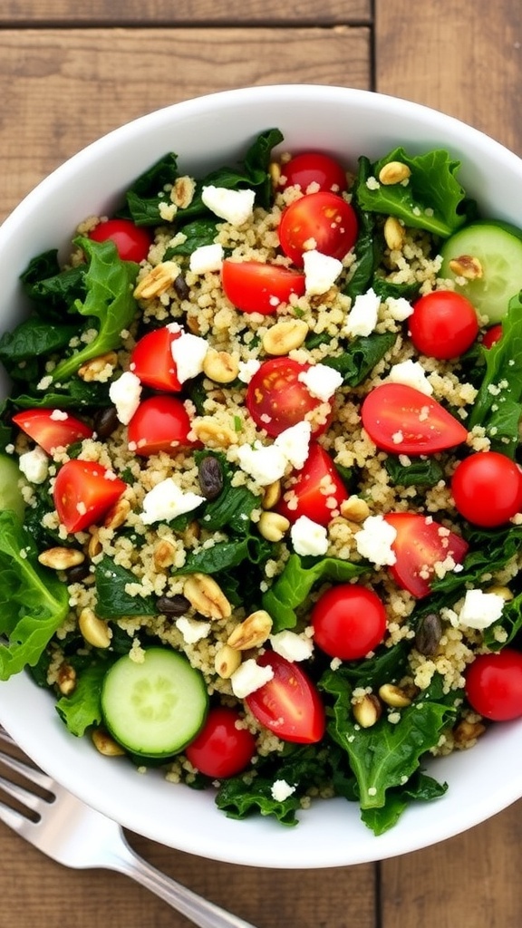 A colorful quinoa kale salad with tomatoes, cucumber, and feta cheese in a bowl on a wooden table.